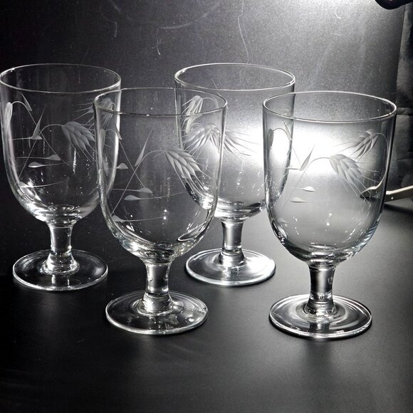 4 Sasaki Wheat Water Ice Tea Glasses etched crystal 5.25" smooth stem 1950s vtg - Picture 1 of 6